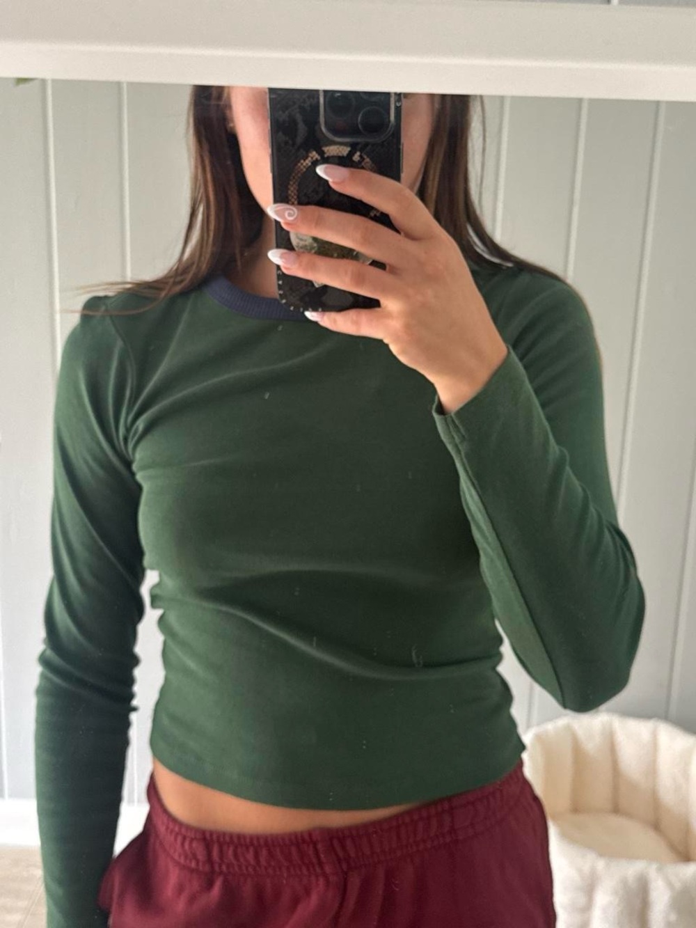 Full Tilt Forest Green Long Sleeve Crewneck Top with Dark Trim